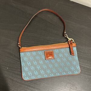 Dooney & Bourke Turquoise Blue Signature Jacquard Logo Slim Zip Wristlet Wallet